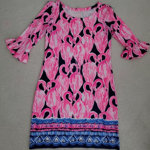 Lilly Pulitzer Sophie UPF 50 Ruffle High Tide Navy Via Amor Flamingo Dress SzXS - Picture 1 of 12
